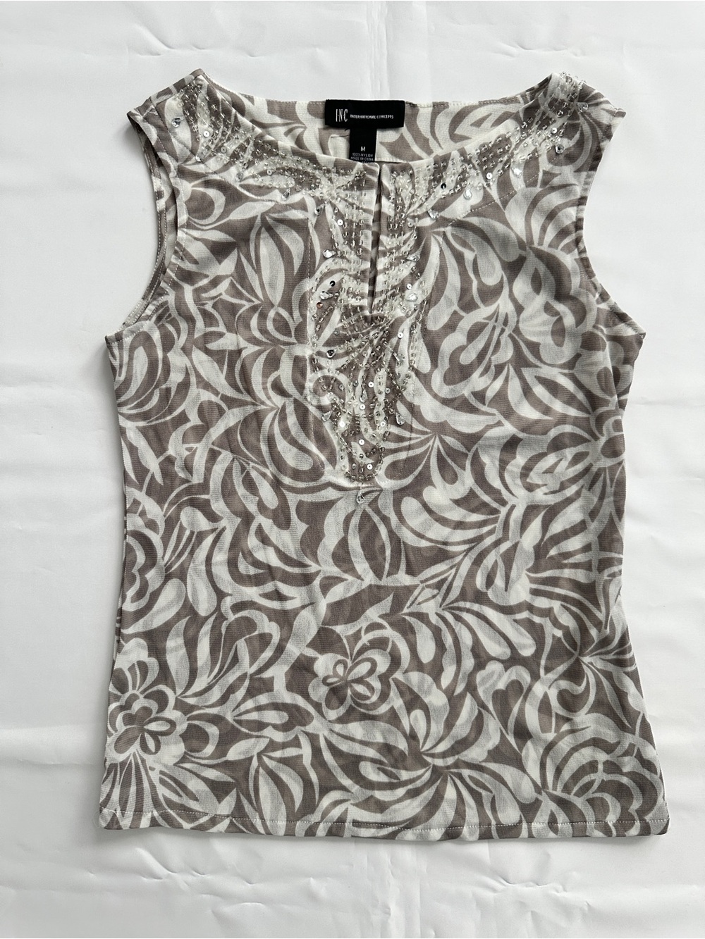 INC International Concepts  Beige Floral Sleeveless Beaded Tank Top Size M